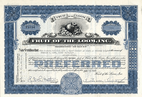 Certifikát spoločnosti Fruit of the Loom, Inc. vydaný v roku 1941. Tento historický dokument bol vytlačený Ústrednou bankovou spoločnostou a má ozdobné ohraničenie s charakteristikým motívom ovocia - firemného loga. Obsahuje podpis prezidenta spoločnosti.