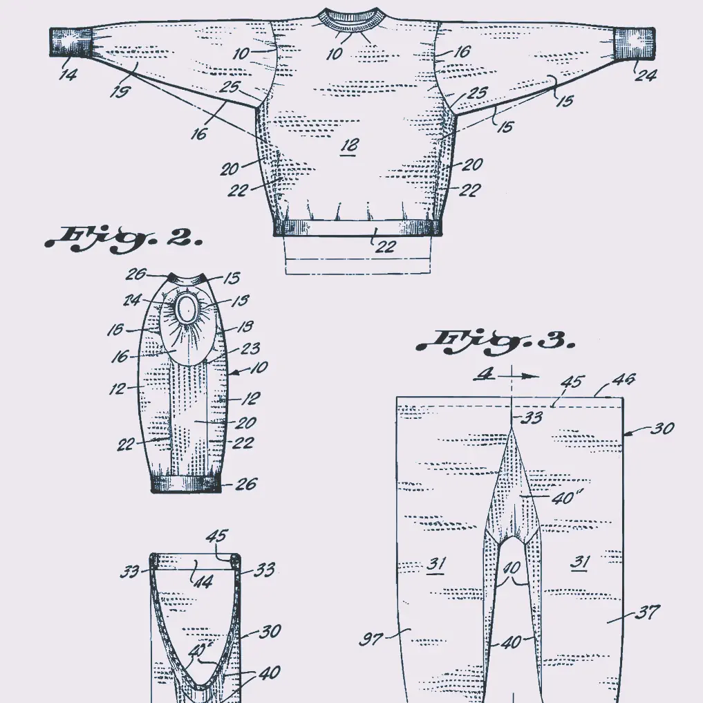 Patent z roku 1952 ukazuje ďalší vývoj konštrukcie mikiny vrátane bočných pružných častí pre lepšiu stabilitu tvaru.